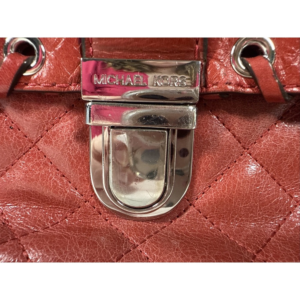 Michael Kors Hippie Grommet Sloan Large Quilted Shoulder Flap Handbag Red Silver - Picture 5 of 11
